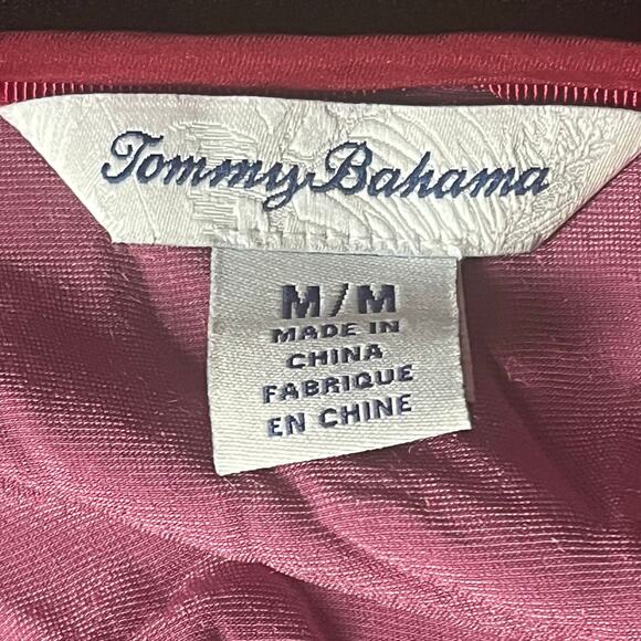 TOMMY BAHAMA‎ Medium Silk Blend Crushed Velvet Red/Pink Top 3/4 Sleeve Tie Neck - Picture 5 of 8